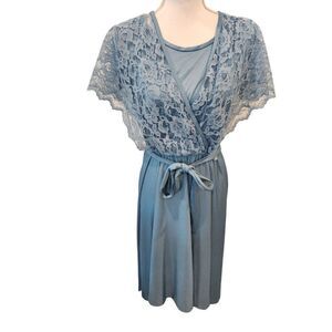 Vintage 70s Blue Zipper Back Lace Cape Midi Dress Disco Diva M